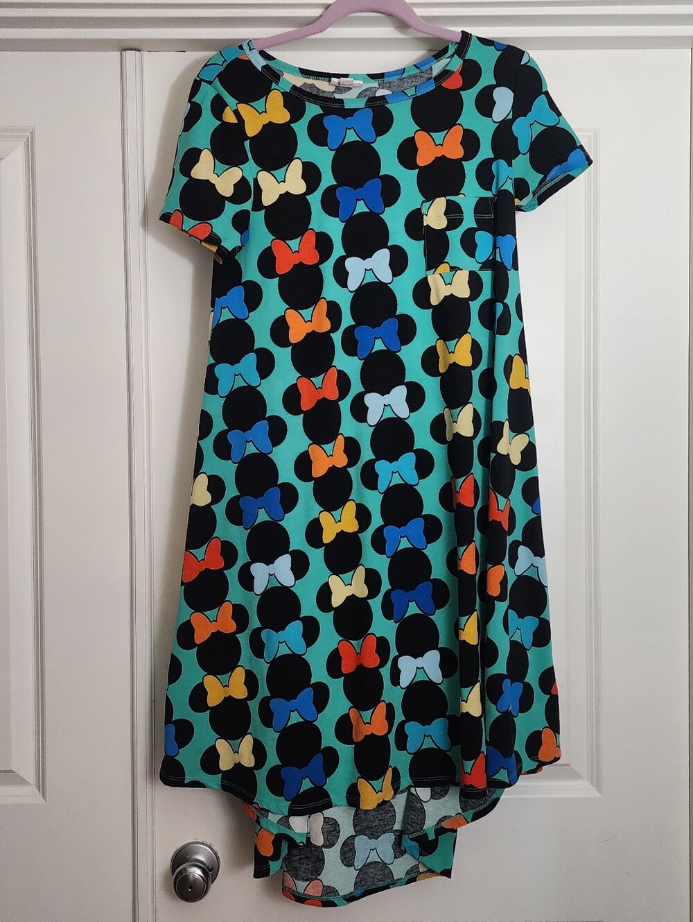 LuLaRoe Teal Dress with Colorful Minnie Mouse Bow Pattern